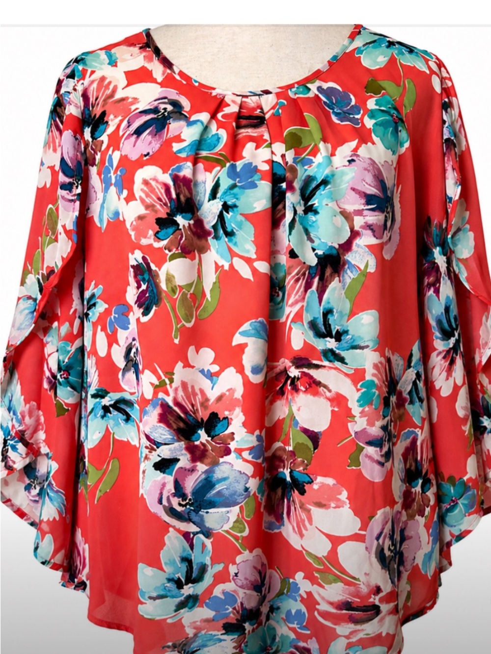 Coral Floral Bell Sleeve Blouse Flowy Lightweight Tunic Top L/XL Summer Vacation